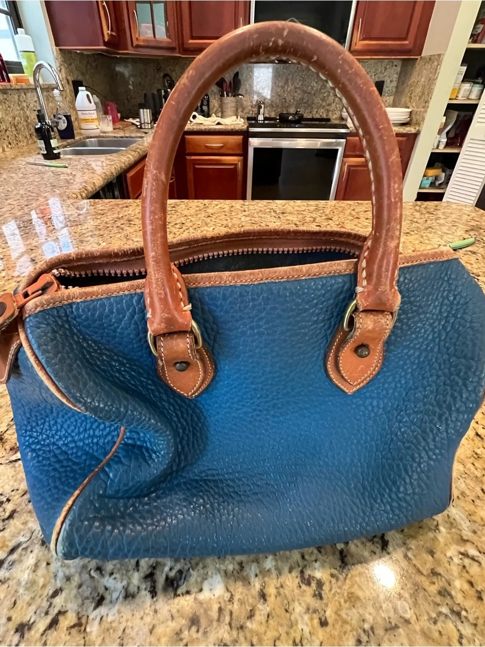 Vintage RARE Dooney & Bourke French blue All Weather Leather bag with Brown Trim